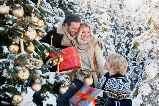 Austria, Salzburg County, Family celebrating christmas in snow